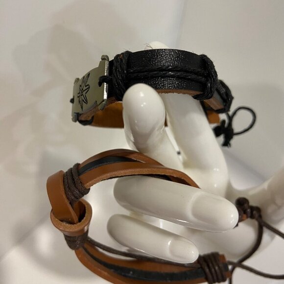 Pot Leaf Weed Leather 2 Bracelet duo Set With Metal Plate & Adjustable Strap - Picture 5 of 12